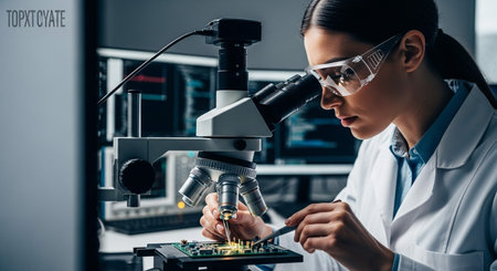 selective focus of biochemist in glasses working with microcircuit in laboratoryの写真素材