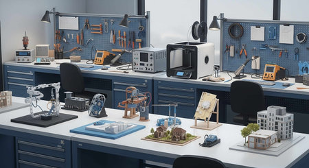 3d illustration of a work space with industrial equipment and equipment.