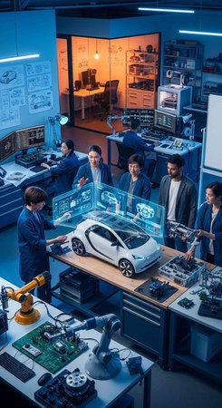 High angle view of team of engineers working together in robotics laboratory and using digital interfaceの写真素材