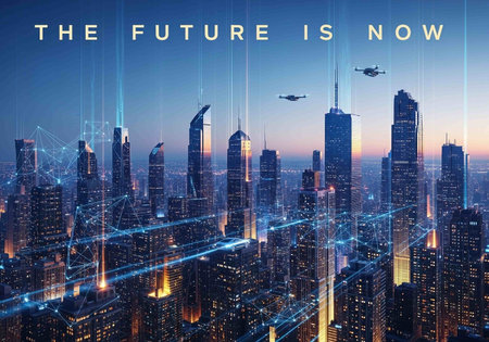 The future is now concept with aerial view of city skyline.の写真素材