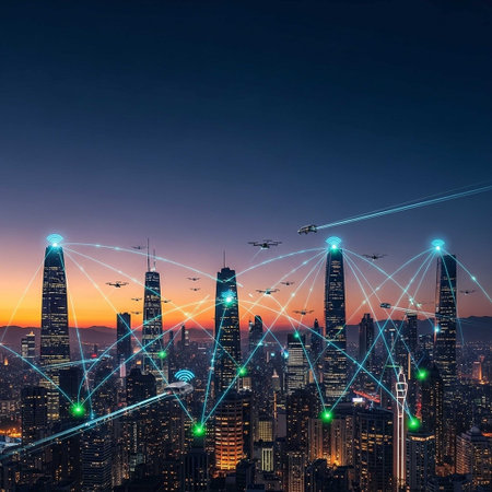 Smart city and wireless communication network over cityscape at night, technology conceptの写真素材