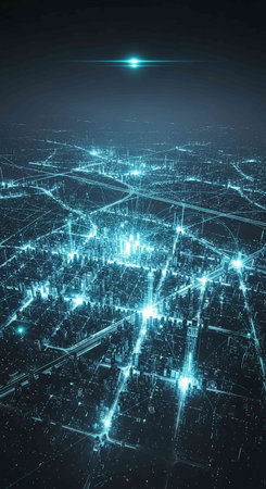 Abstract city lights on dark background. Technology concept. 3D Renderingの写真素材