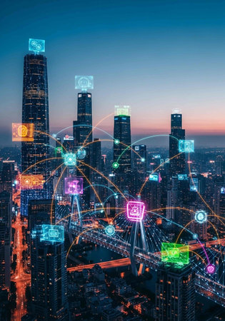 Smart city wireless communication network and internet of things in smart city. Concept of future 5G wireless digital connecting and social media networking.の写真素材