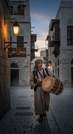 Street musician playing the drum in the old town of Istanbul, Turkeyの写真素材
