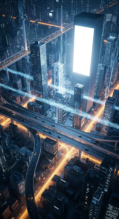 Night city road with light trails. Concept of business and technology.の写真素材