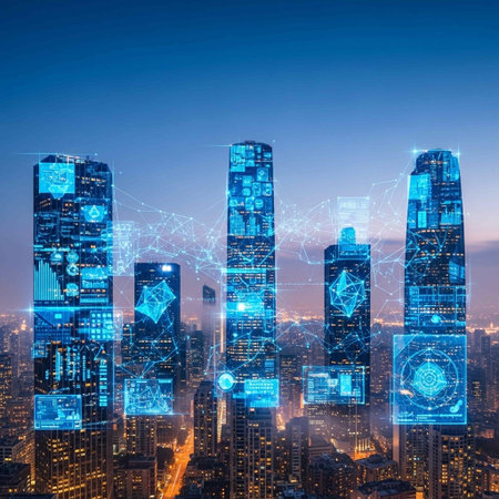 Smart city and wireless communication network over the skyscrapers at night