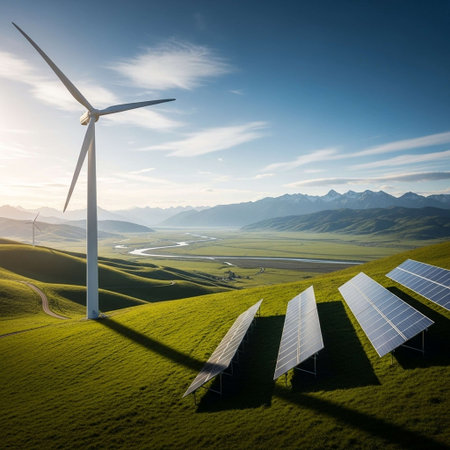 solar energy panels and wind turbine on green grass field at sunset