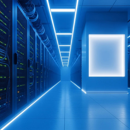 server room with hard drives and blank billboard in blue light. 3d rendering