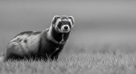 Polecat sitting on the grass in black and whiteの写真素材