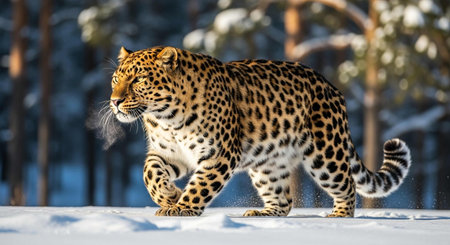 Leopard (Panthera pardus) in the snowの写真素材