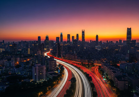 Light trails on the road with cityscape of chongqing,China.の写真素材
