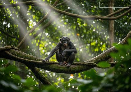 Chimpanzee sitting on a tree branch in the rainforestの写真素材