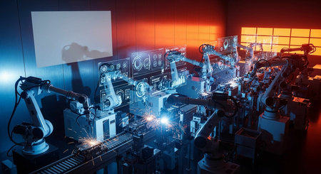 Smart industry robot arms for digital factory production technology showing automation system by...