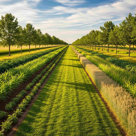 Rows of wheat growing on a sunny field in springtime.の写真素材