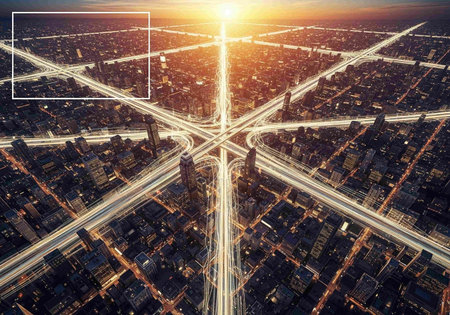 Cityscape with crossroads and roads at sunset. 3d renderingの写真素材