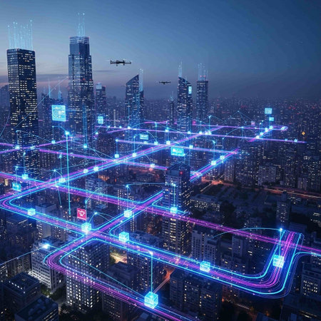 Aerial view of modern skyscrapers and high-rise buildings at night. The concept of connection and communication. 3d renderingの写真素材