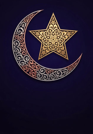 Ramadan Kareem greeting card with golden crescent and star.の写真素材