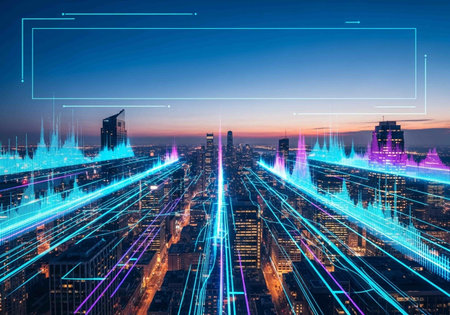 Double exposure of skyscrapers and digital interface. Technology concept.