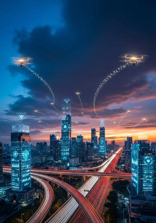 Drone flying over the city at night time. The concept of hi-tech transportation.の写真素材