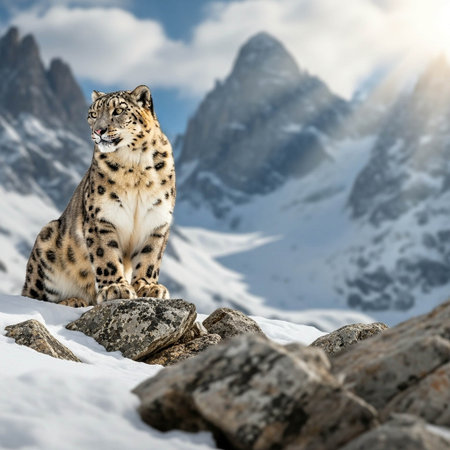 Snow leopard sitting on a rockの写真素材