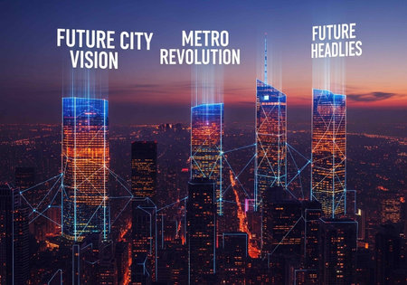 Futuristic technology concept with modern skyscrapers in the cityの写真素材