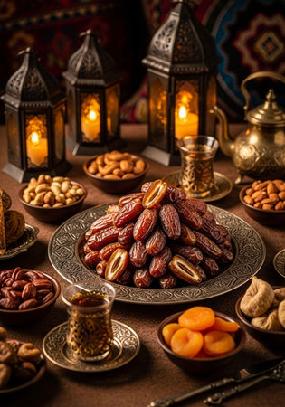 Dates fruit and nuts on the table. Ramadan Kareem background.の写真素材