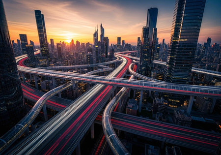 the light trails on the modern building background in shanghai china.の写真素材