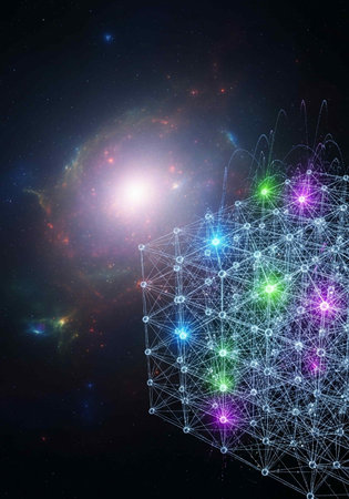 Futuristic polygonal network with glowing lines and stars.