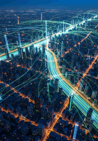 Aerial view of a city at night, United States.