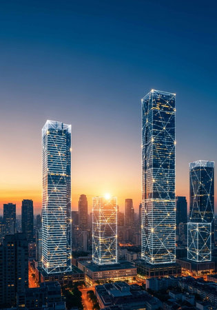 Aerial view of modern skyscrapers.