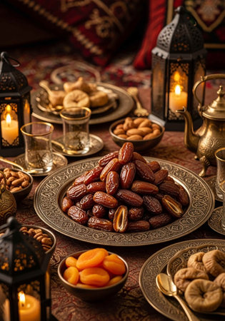 Dates fruits and nuts on a plate. Ramadan Kareem background.