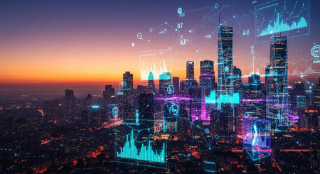Modern cityscape with high-rise buildings and financial charts over night sky background