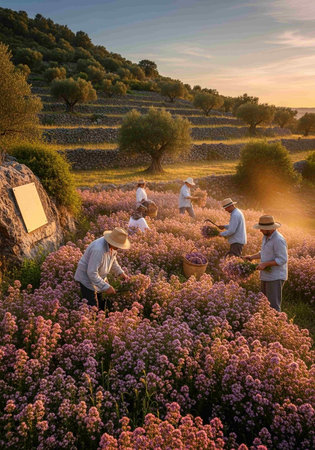People gathering flowers in a field in the evening.