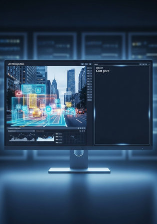 Modern computer monitor with city view and traffic lights. 3D Renderingの写真素材