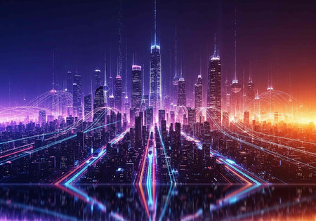 Futuristic city at night with neon lights, 3d renderingの写真素材
