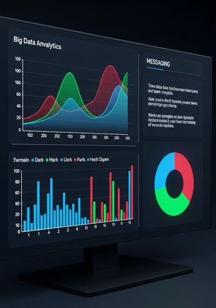3d illustration of computer monitor with financial charts over black background.の写真素材