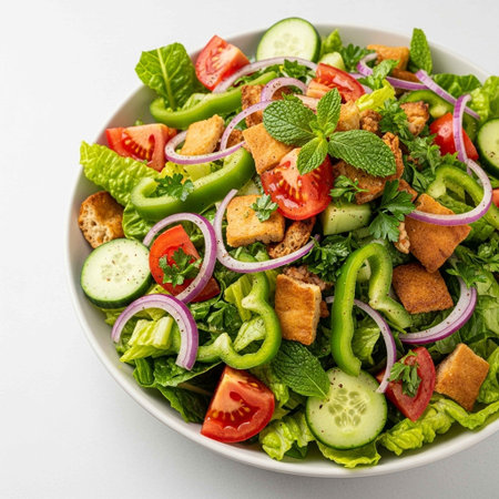 Fresh vegetable salad with croutons, tomatoes, cucumbers, lettuce and red onion on white backgroundの写真素材