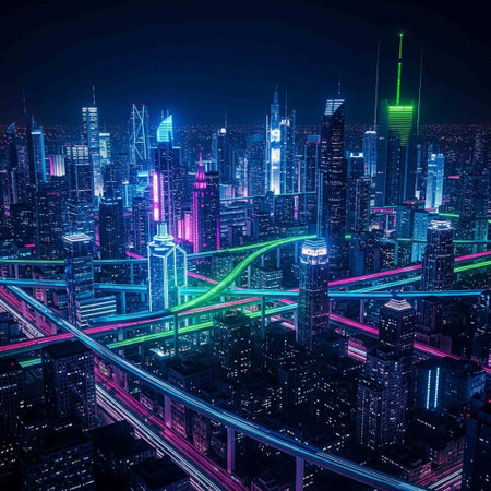 Night view of skyscrapers and highway.の写真素材