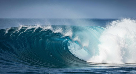 Surfing ocean wave. Blue ocean wave with big white wave.