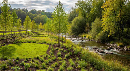 Spring landscape with river and green forest in sunny day. Beautiful nature.