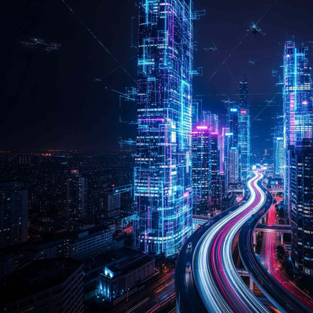 Highway and cityscape at night in Shanghai, China. This is a 3d render illustrationの写真素材