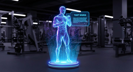Digital human body hologram on podium in fitness club 3D renderingの写真素材