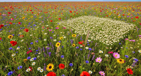 Wildflowers in a field on a sunny day, spring landscape