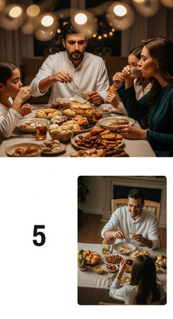 collage of happy family eating sweet buns and croissants during christmas dinnerの写真素材