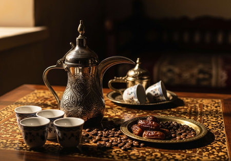 Coffee set with coffee beans, dates and Turkish coffee potの写真素材