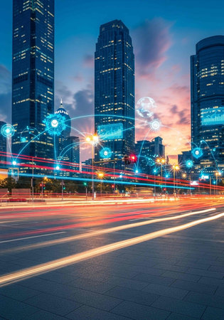 the light trails on the modern building background in shanghai china.の写真素材