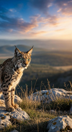 Eurasian lynx at sunset in the mountainsの写真素材