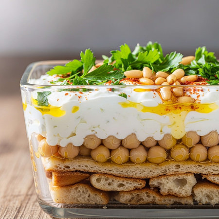 Vegetarian hummus with chickpeas, parsley and paprikaの写真素材