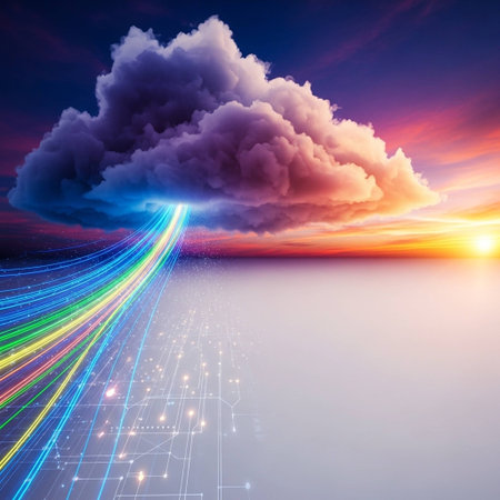 Background with glowing lines and clouds in the sky