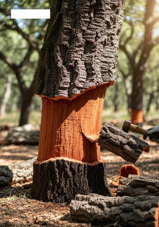 Cutting a tree with an ax in the forest, close-up